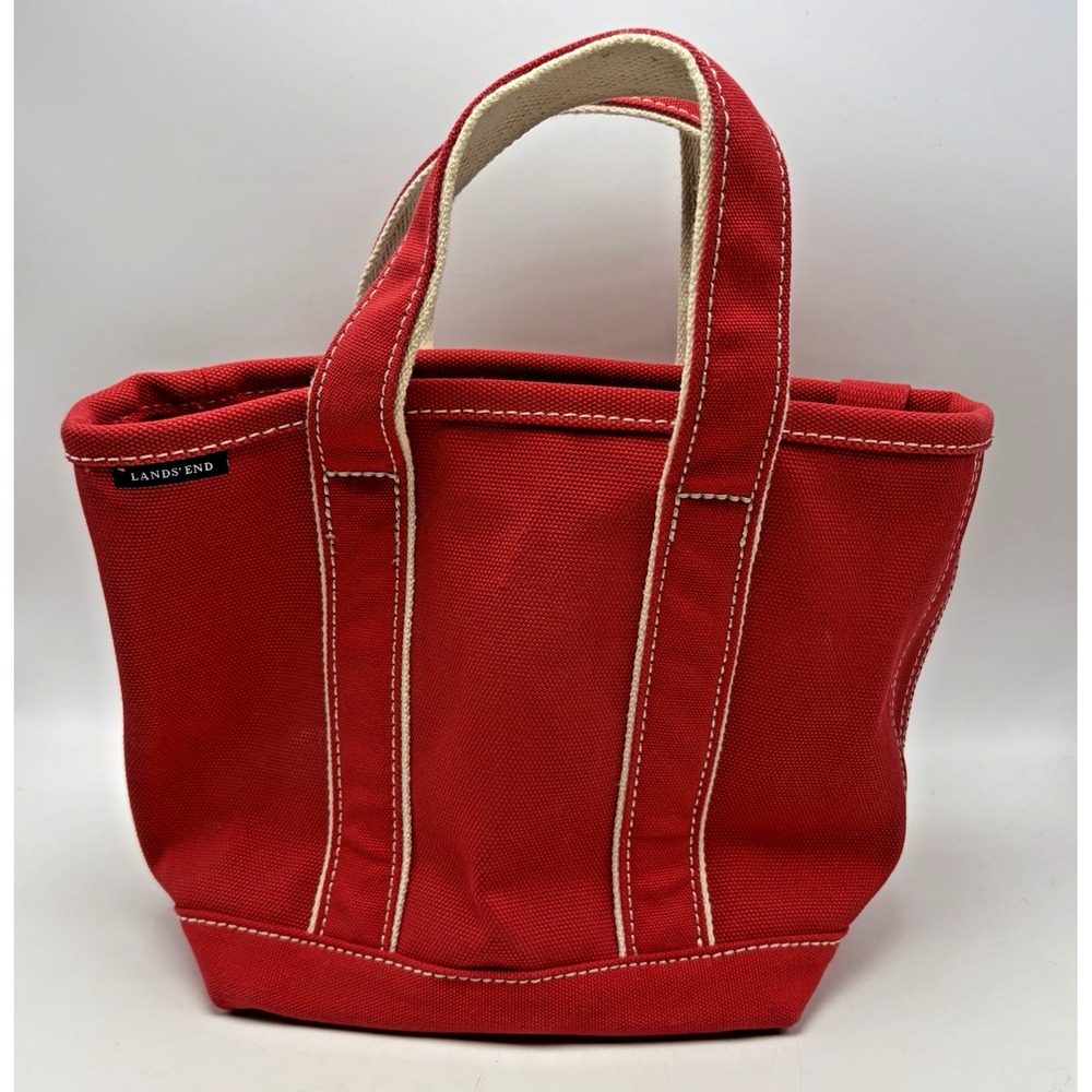 Lands End Canvas Mini Tote Bag Red Beige Trim 8"x8" Purse Boat Nautical Beach